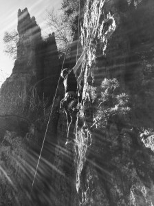 Me reaching for the next hold on my favorite route at Crowder’s Mountain.